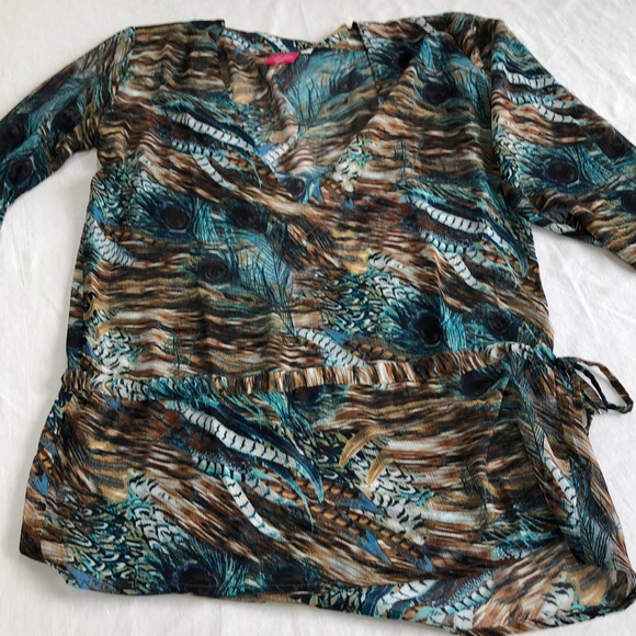 Swimsuit cover, teal peacock feathers. Drawstring at waist. Size Medium. - Picture 1 of 7